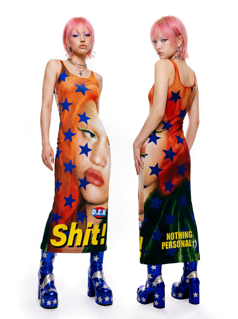 DeadEndKids Star-Face Graphic Tank Maxi Dress - front and back flat views; shoes and jewelry not included