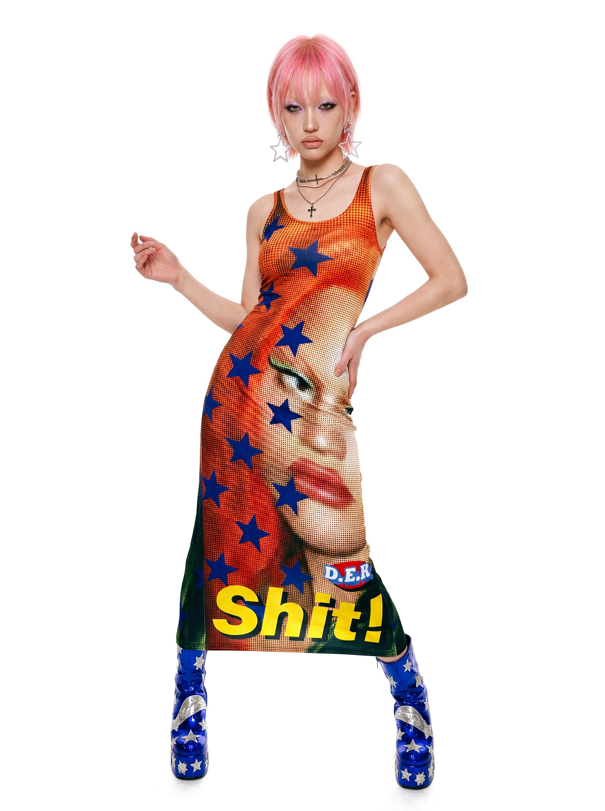 DeadEndKids Star-Face Graphic Tank Maxi Dress - full front model view; shoes and jewelry not included