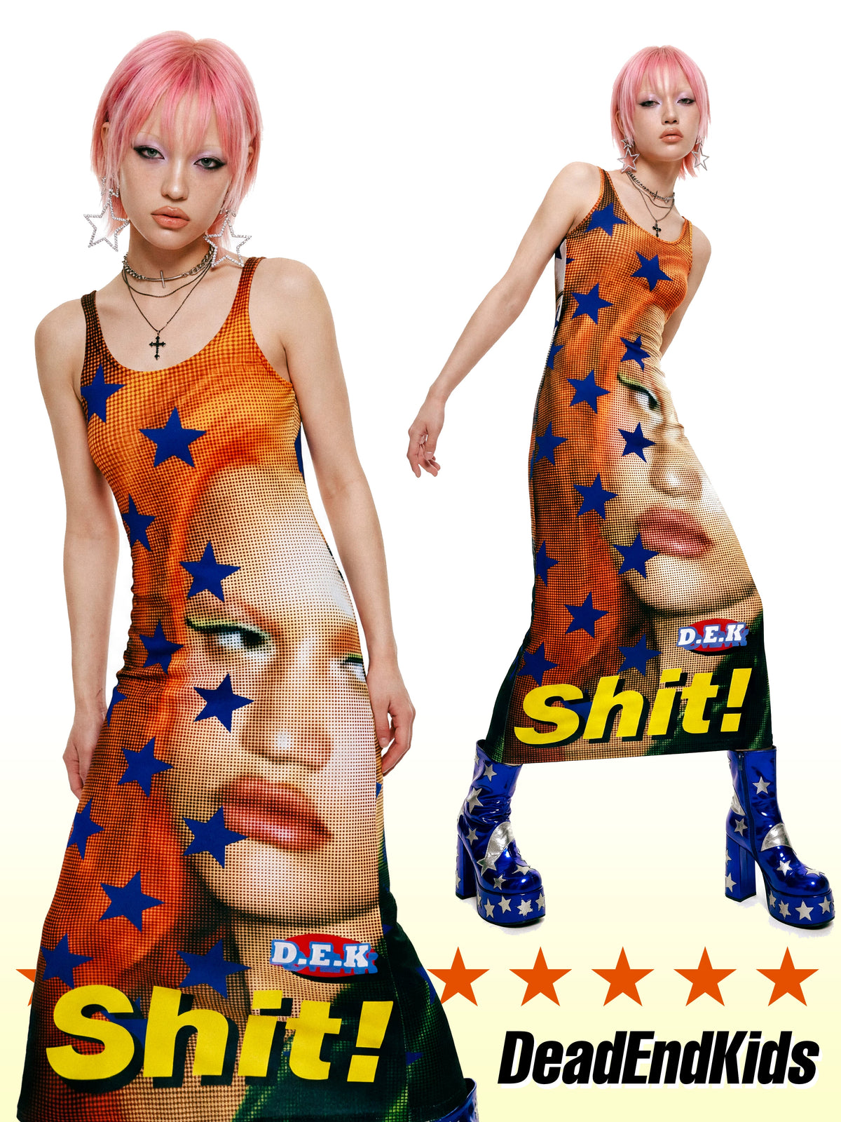 DeadEndKids Star-Face Graphic Tank Maxi Dress - editorial front views; shoes and jewelry not included