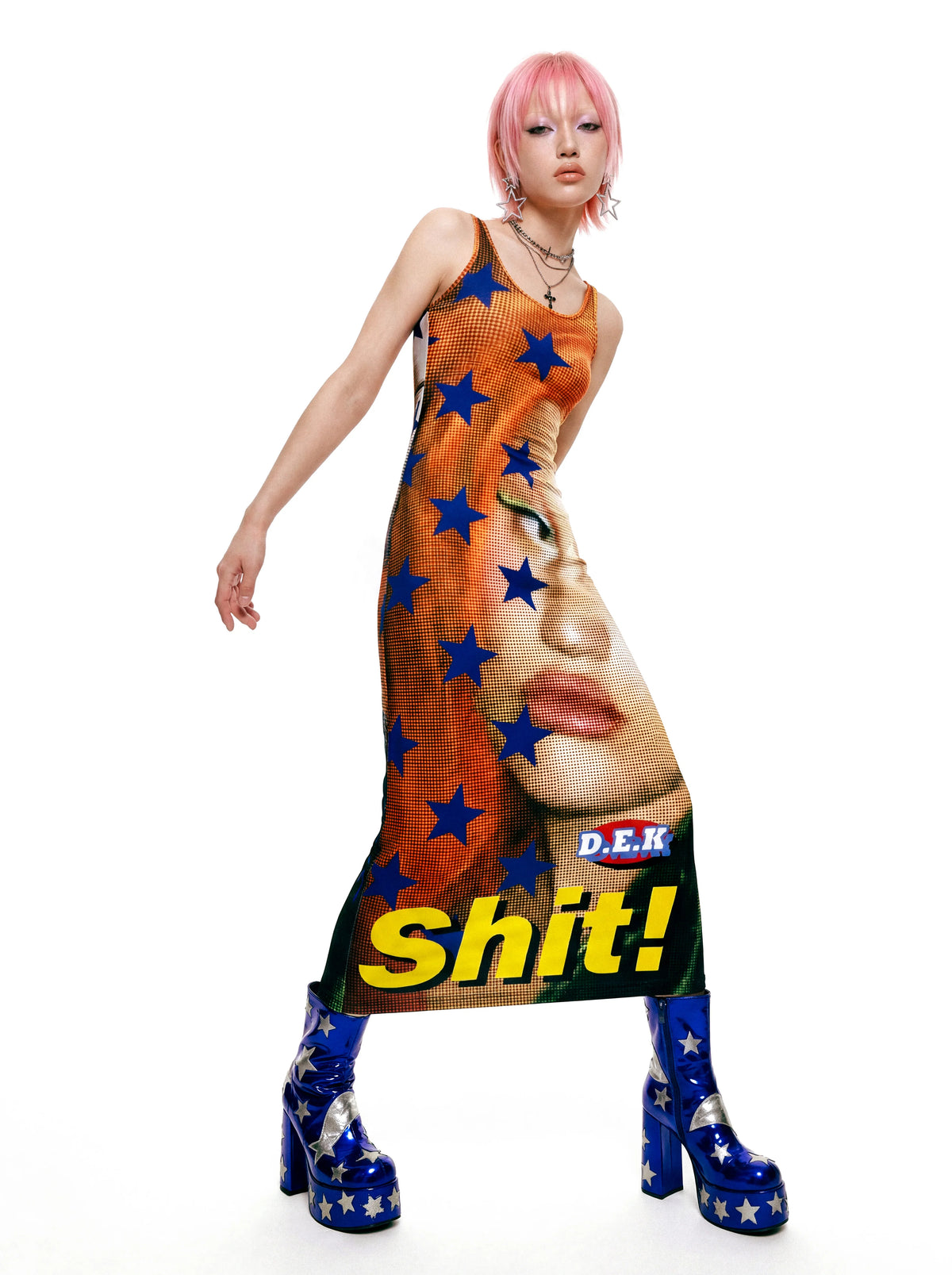 DeadEndKids Star-Face Graphic Tank Maxi Dress - full-length model view; shoes and jewelry not included