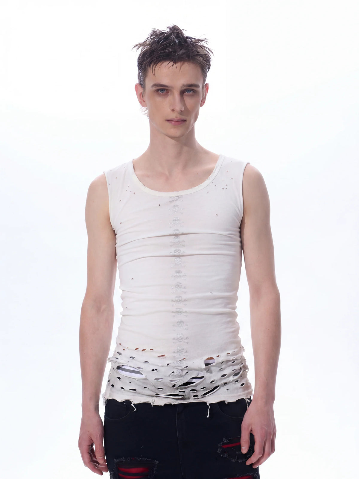 Front view of white distressed skull-print sleeveless tank