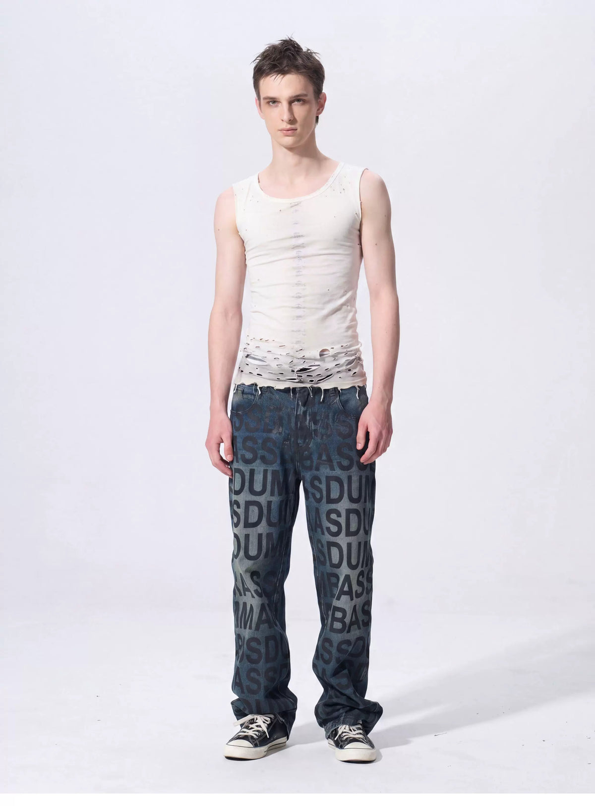 Front view of white tank with subtle skull print