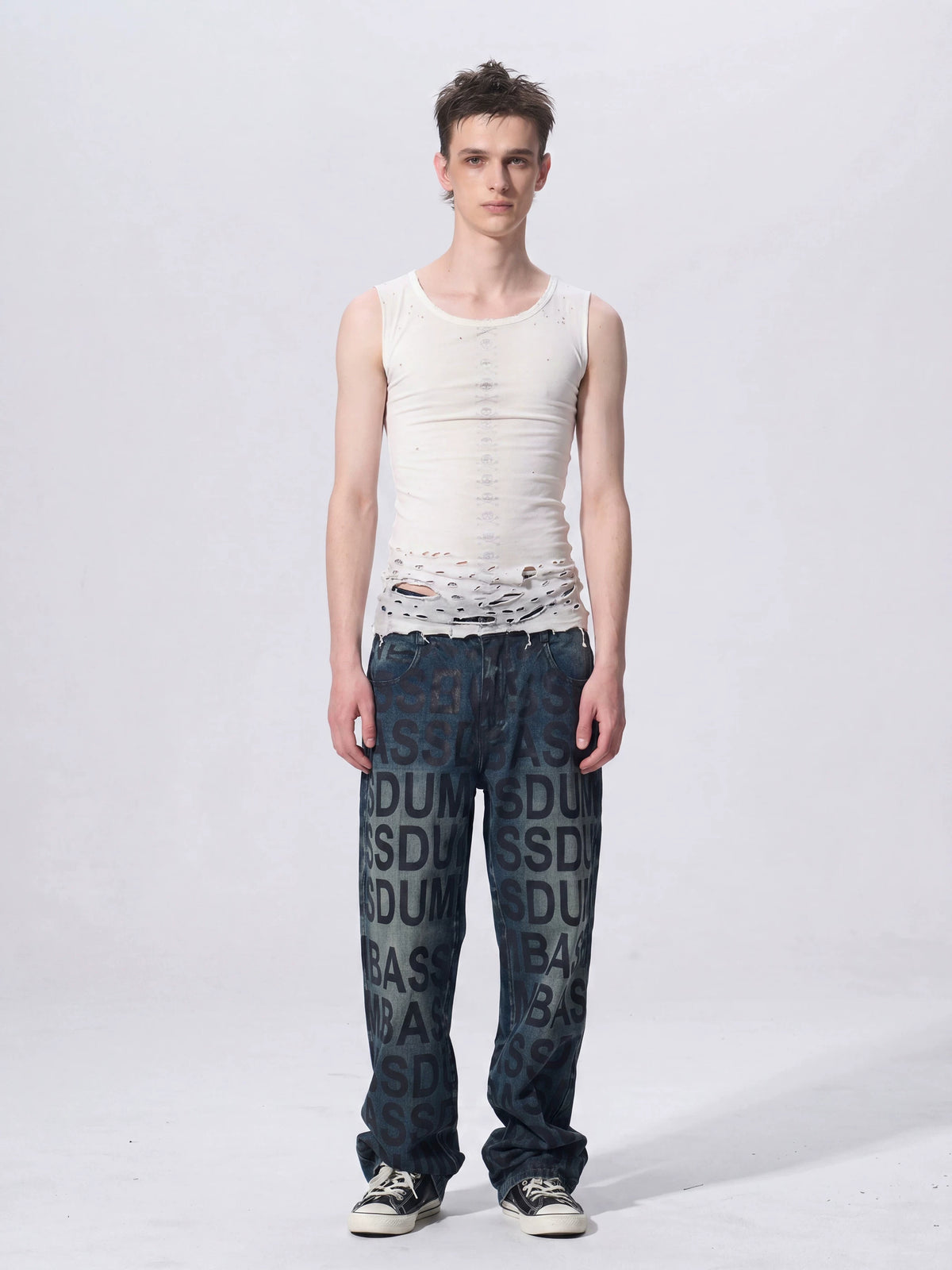 Full front view of white skull-print sleeveless tank