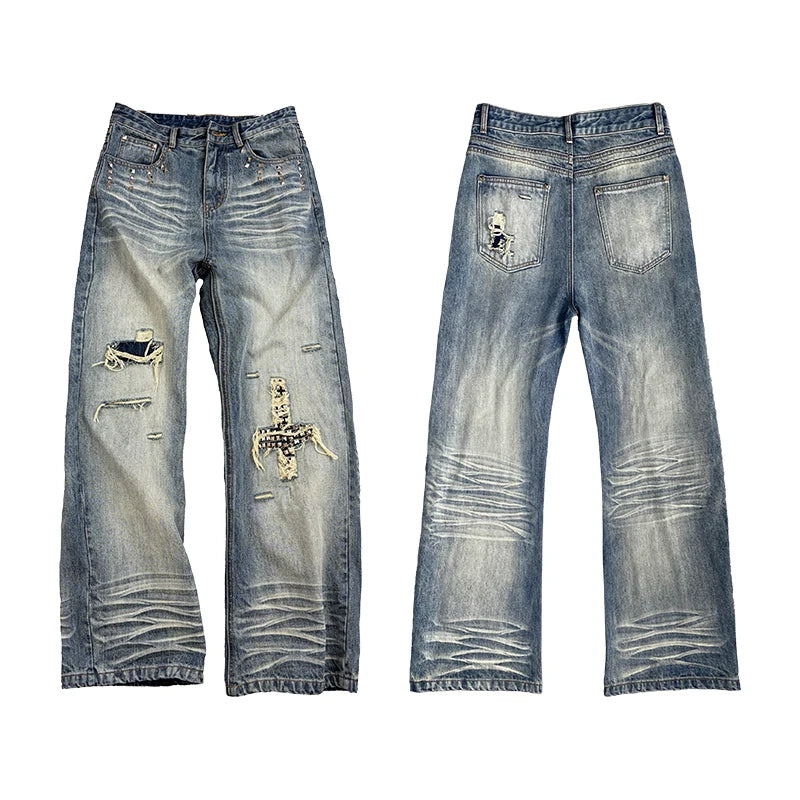 ColdAsia washed blue distressed cross stud jeans front and back