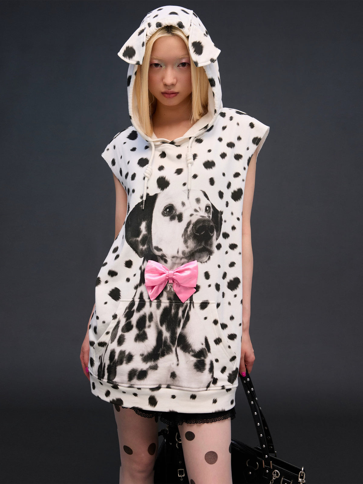 CFIERCE Dalmatian Dog-Ear Sleeveless Hoodie - dog-ear hood and bow on model