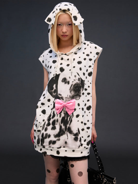 CFIERCE Dalmatian Dog-Ear Sleeveless Hoodie - dog-ear hood and bow on model