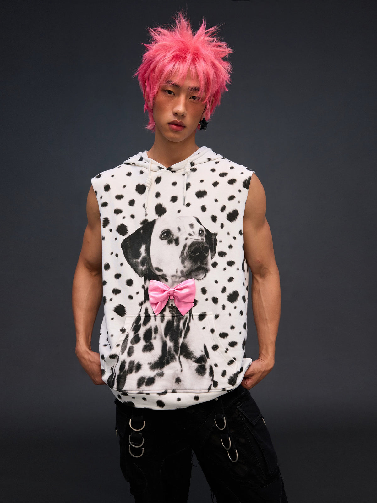 CFIERCE Dalmatian Dog-Ear Sleeveless Hoodie - front on model