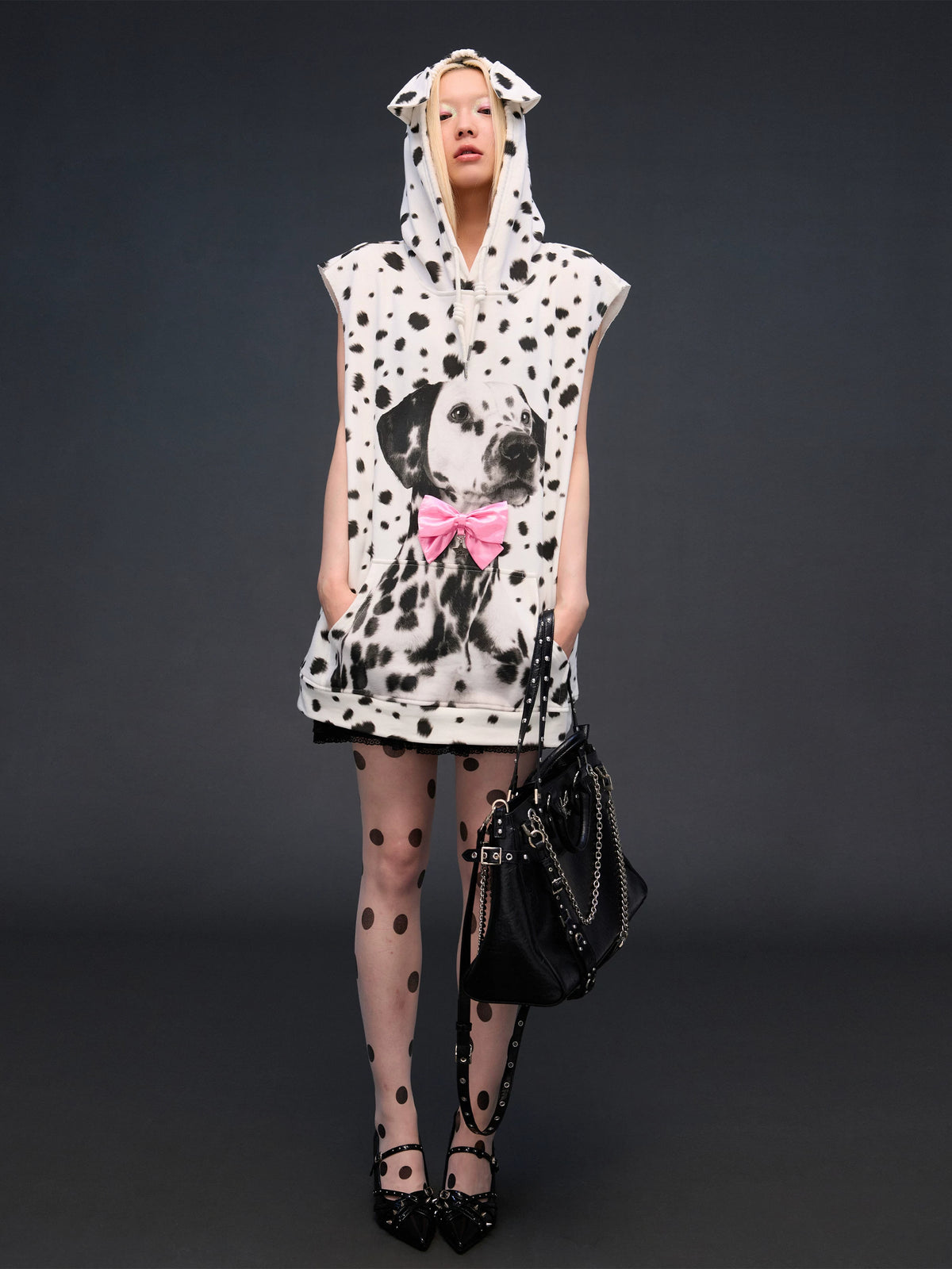CFIERCE Dalmatian Dog-Ear Sleeveless Hoodie - full look on model