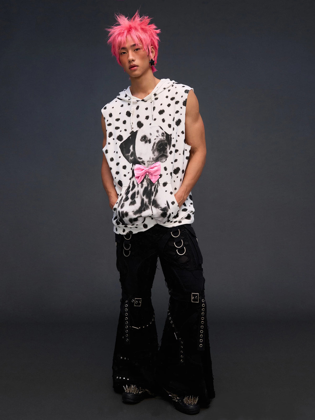 CFIERCE Dalmatian Dog-Ear Sleeveless Hoodie - sleeveless side view on model