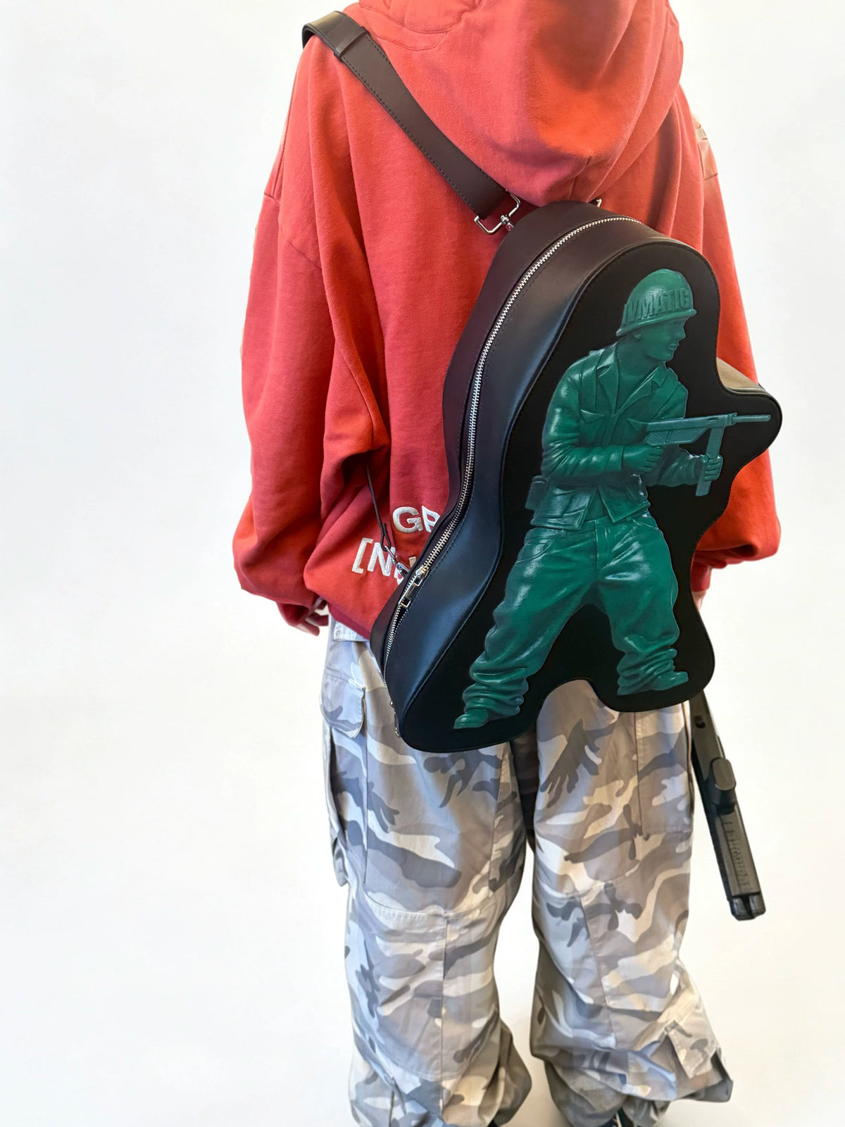 IV MATIC 3D Toy Soldier Backpack - close view worn on shoulder