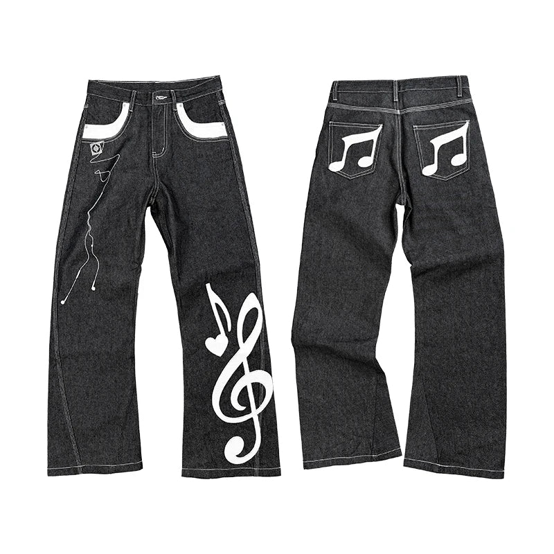 ColdAsia Music Note Appliqué Black Denim Jeans - 1