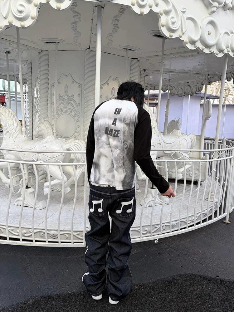 ColdAsia Music Note Appliqué Black Denim Jeans - 4