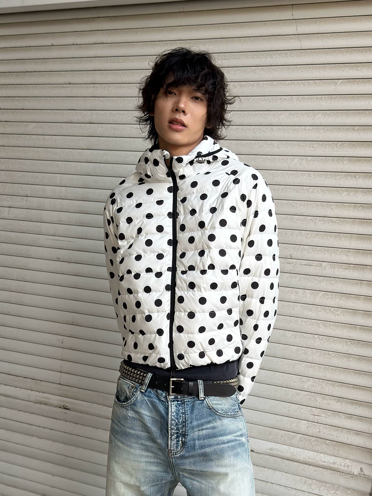 Polka Dot Hooded Down Puffer Jacket - white, model wearing front view
