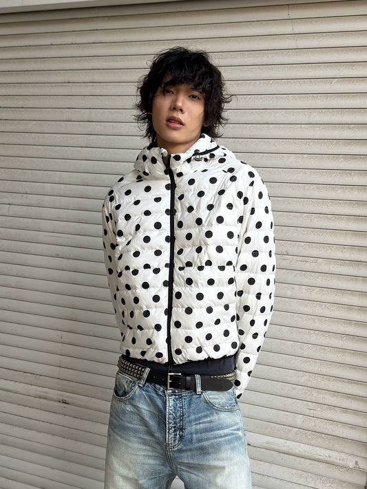 Polka Dot Hooded Down Puffer Jacket - white, model wearing front view