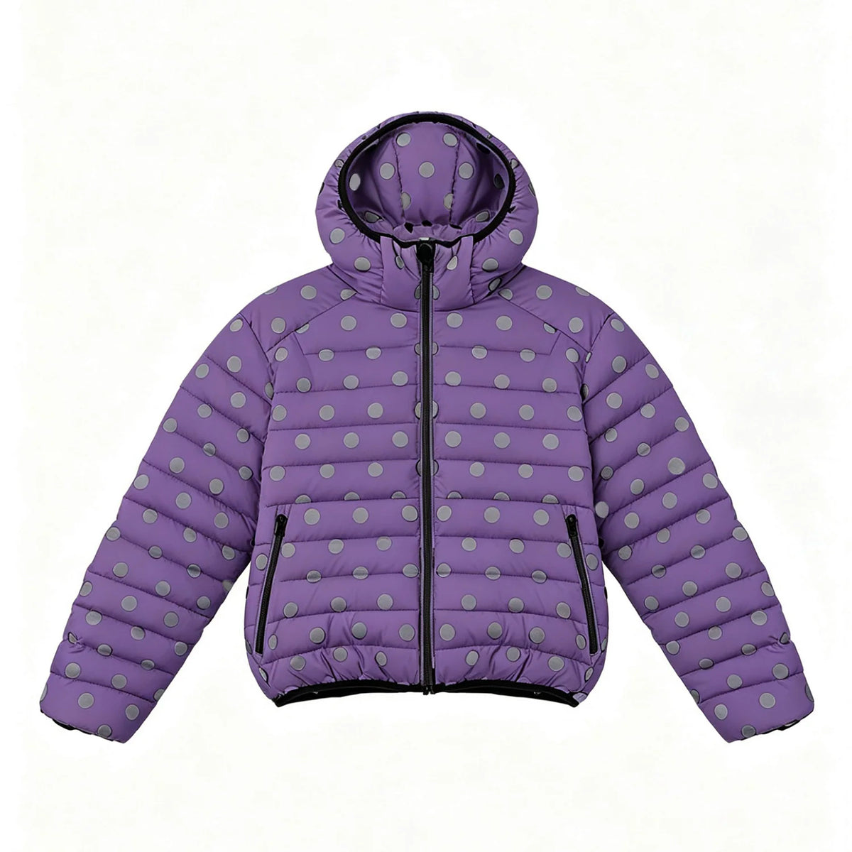Polka Dot Hooded Down Puffer Jacket - purple, flat lay front view