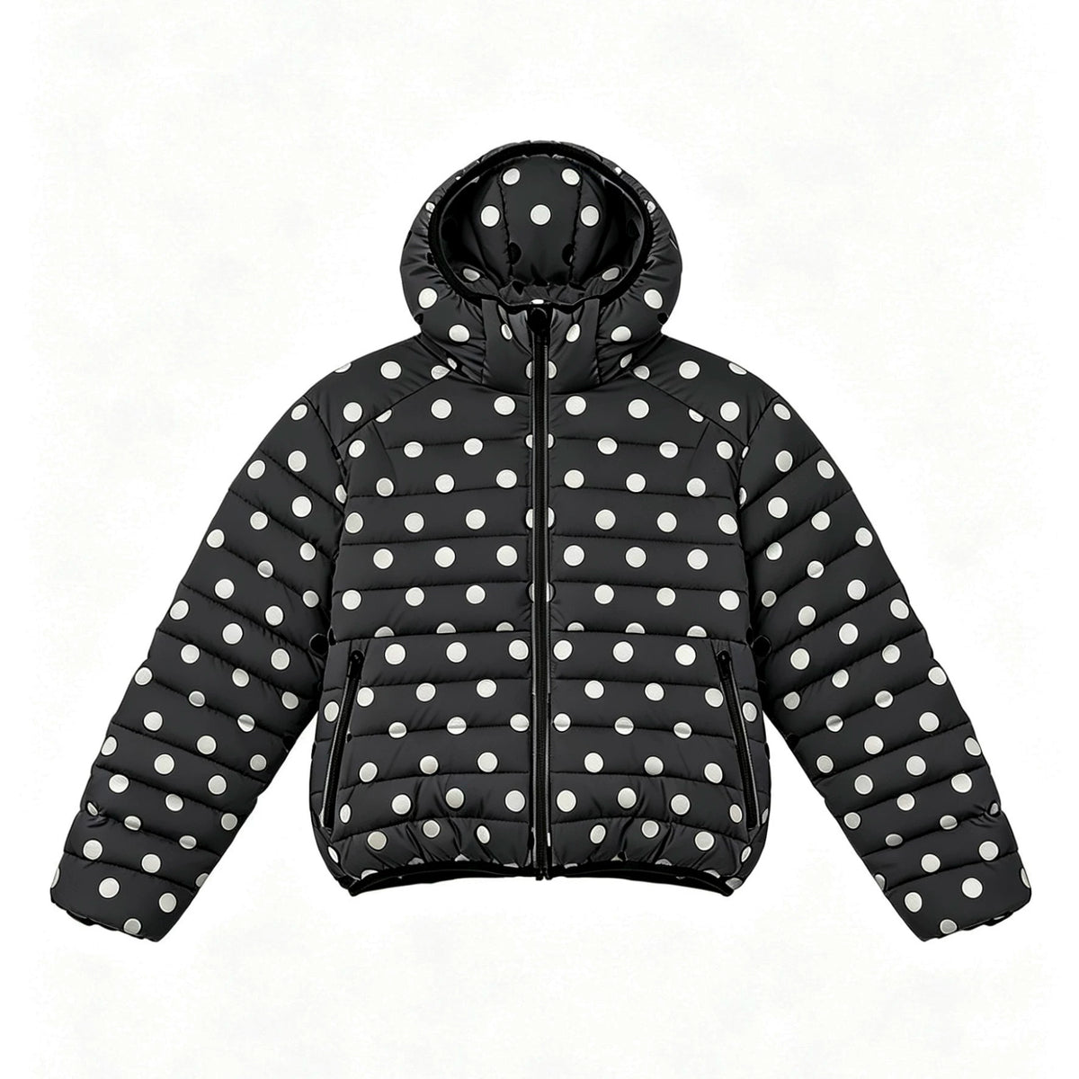 Polka Dot Hooded Down Puffer Jacket - black, flat lay front view