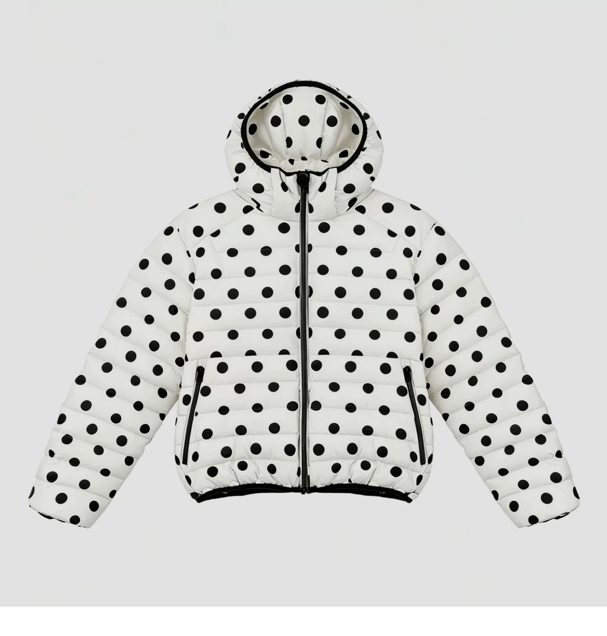 Polka Dot Hooded Down Puffer Jacket - white, flat lay front view
