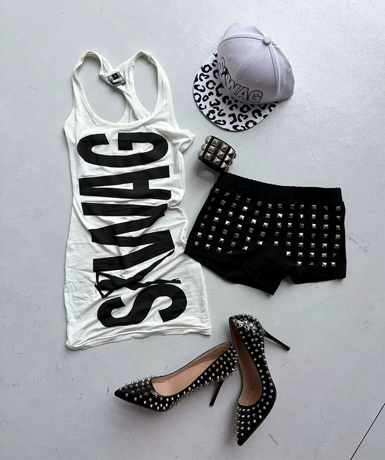 SWAG Print Racerback Tank Dress - White styling flat lay