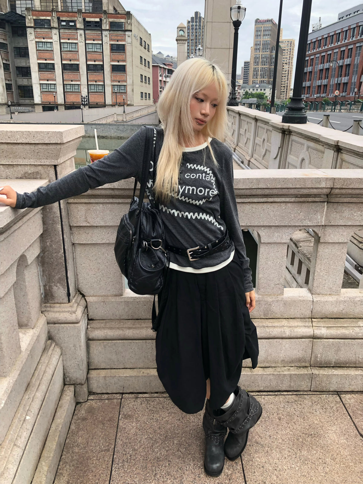 DETW Striped Slogan Long-Sleeve T-Shirt - Black and White view 1