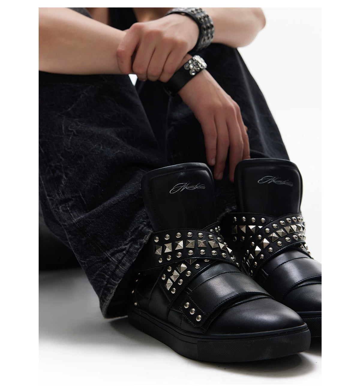 NumbAsia Studded Multi-Strap High-Top Sneakers - black pair worn front view