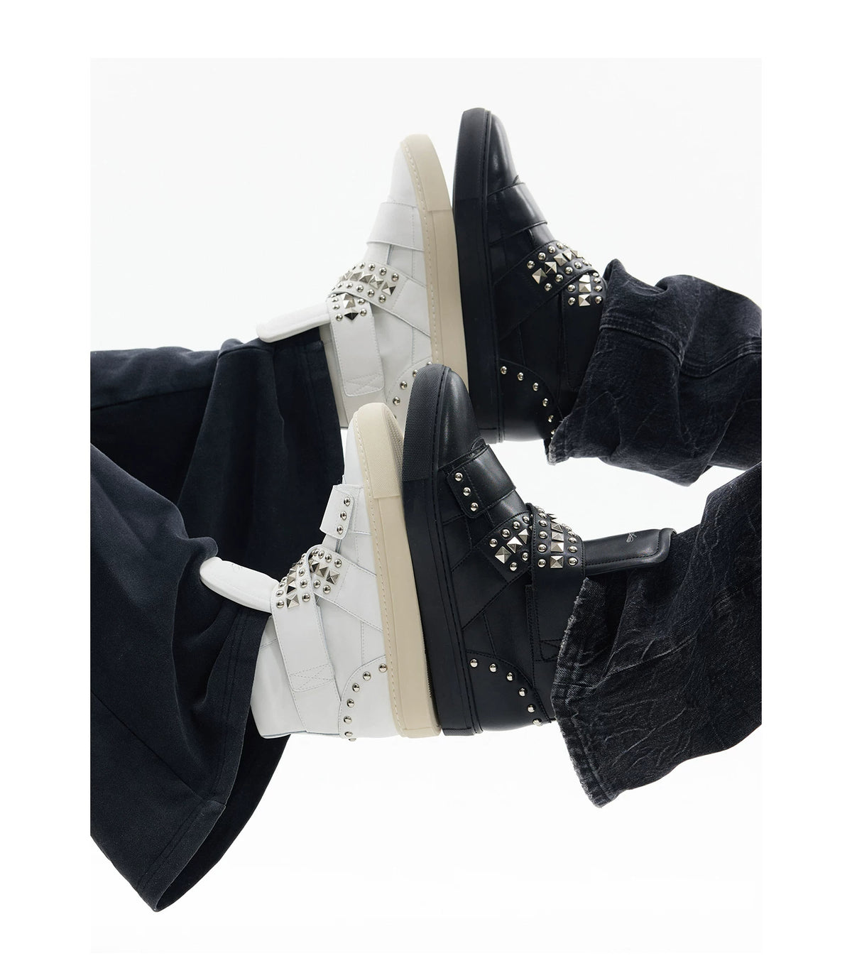 NumbAsia Studded Multi-Strap High-Top Sneakers - black and white pairs styled