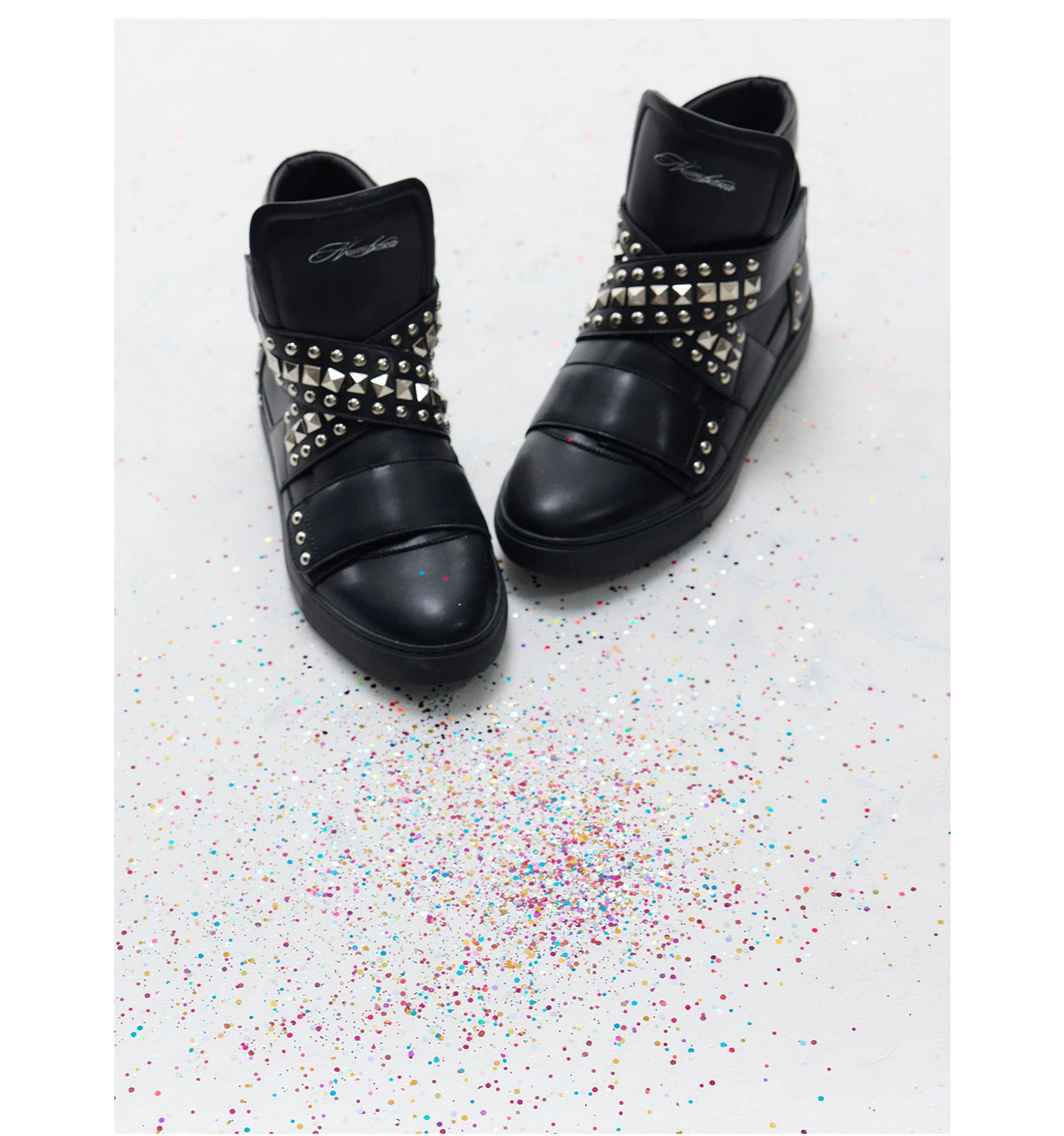 NumbAsia Studded Multi-Strap High-Top Sneakers - white pair worn