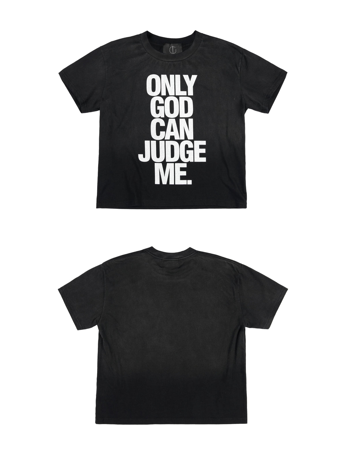 Only God Can Judge Me Washed Distressed T-Shirt - Black front and back flat lay