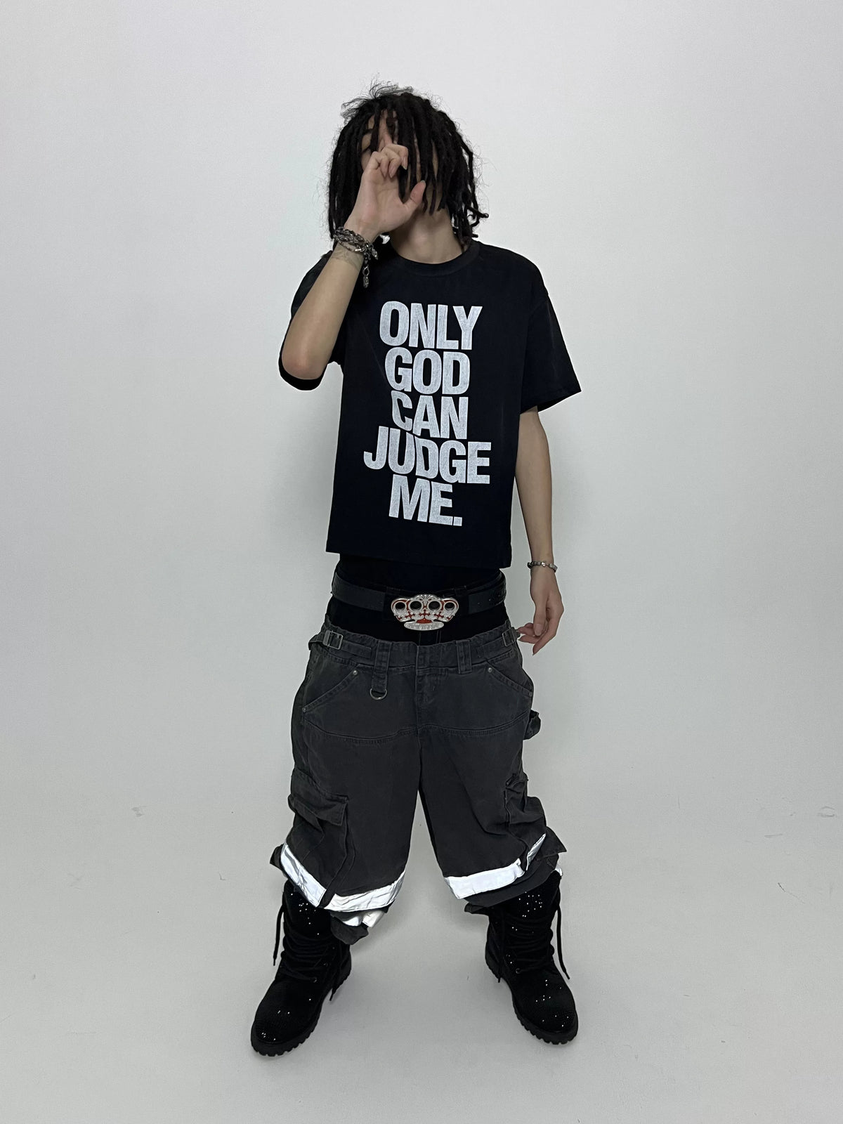 Only God Can Judge Me Washed Distressed T-Shirt - Black worn front view