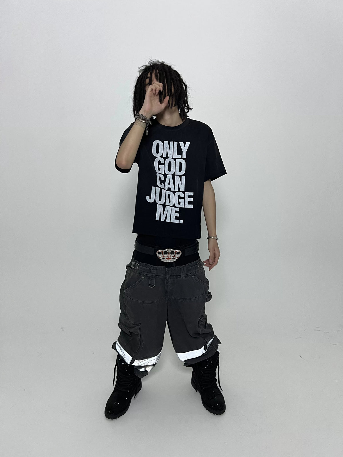 Only God Can Judge Me Washed Distressed T-Shirt - Black model front view