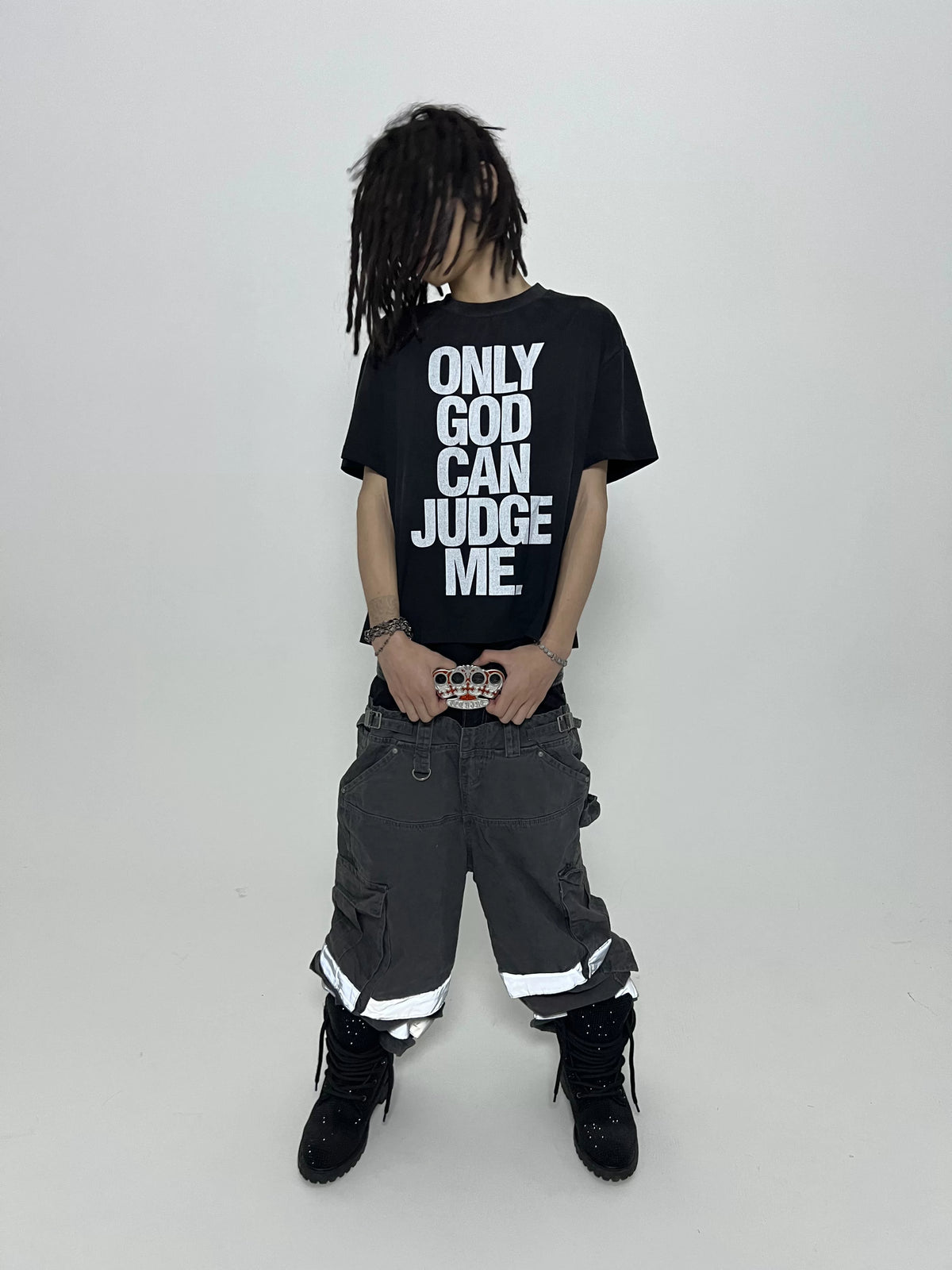 Only God Can Judge Me Washed Distressed T-Shirt - Black model front view with cargo pants