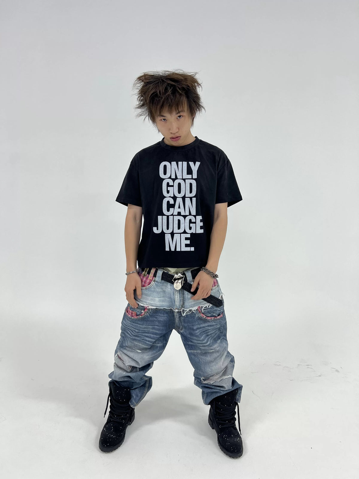 Only God Can Judge Me Washed Distressed T-Shirt - Black model close-up view