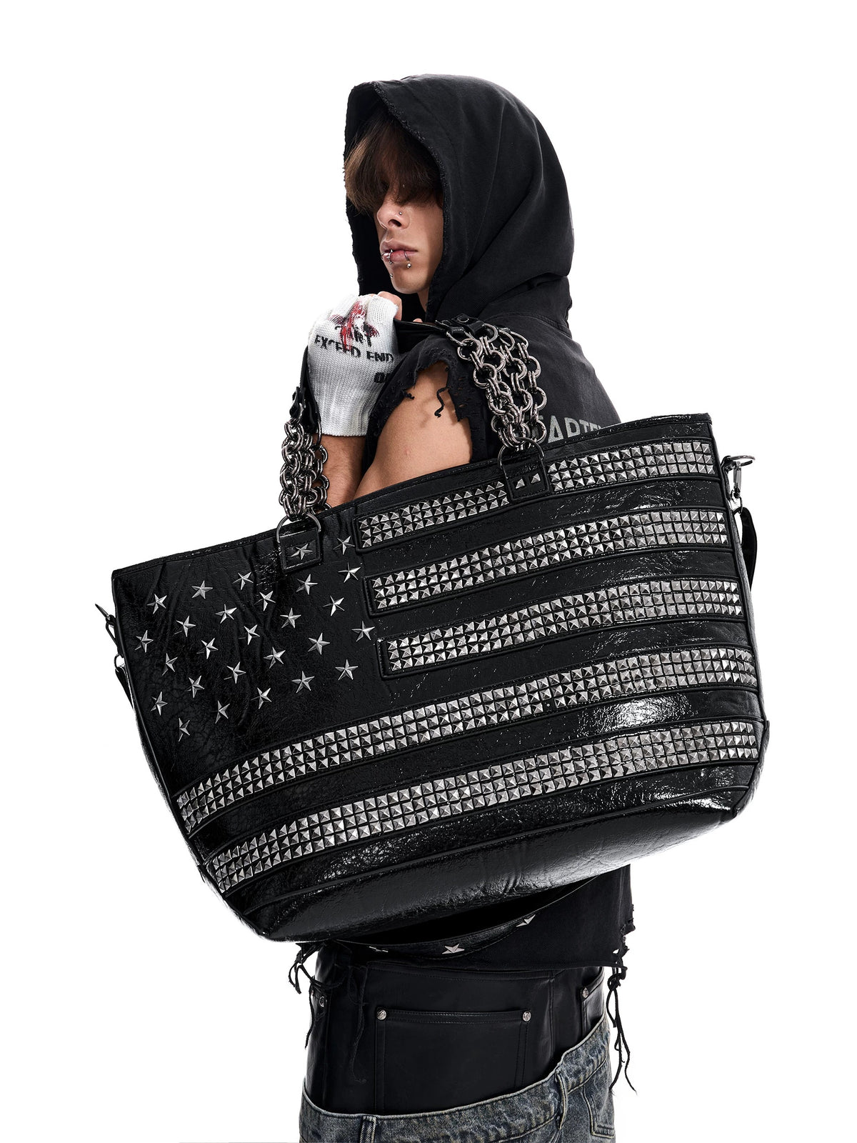 SEE Studded American Flag Oversized Tote Bag - punk styling view