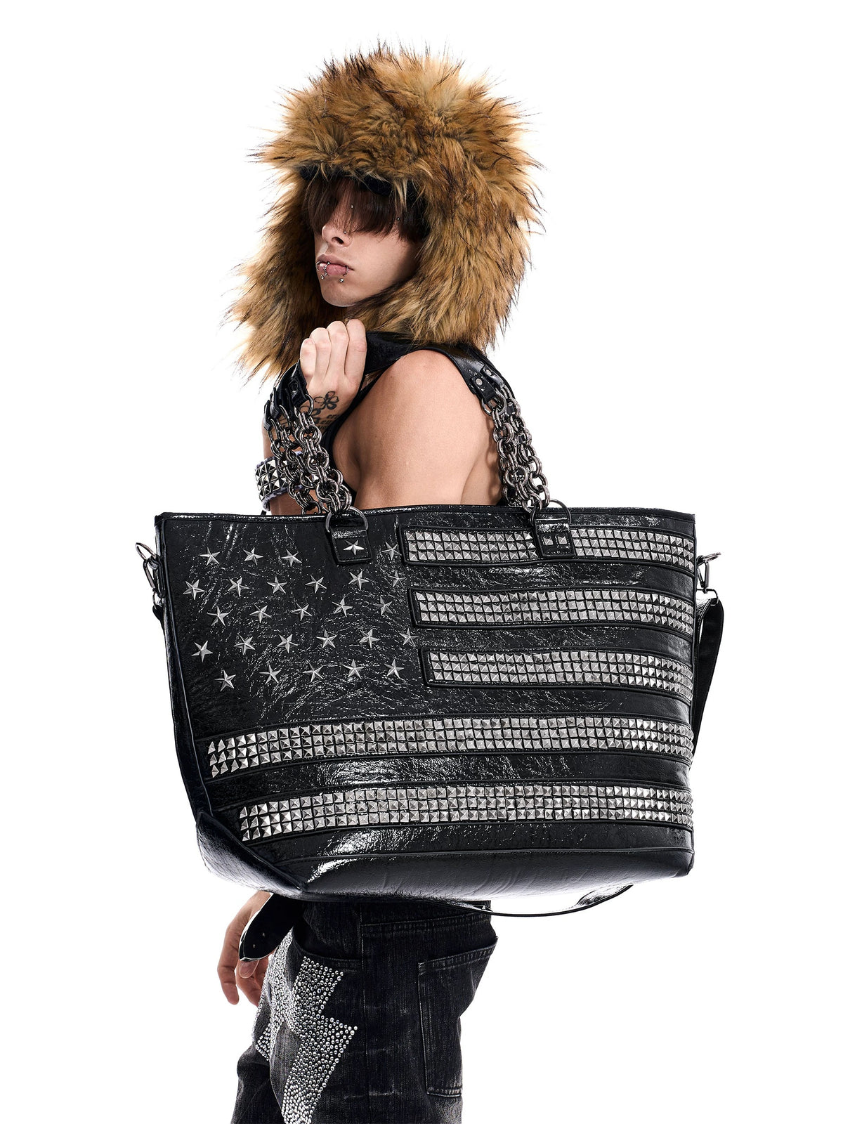 SEE Studded American Flag Oversized Tote Bag - shoulder carry view