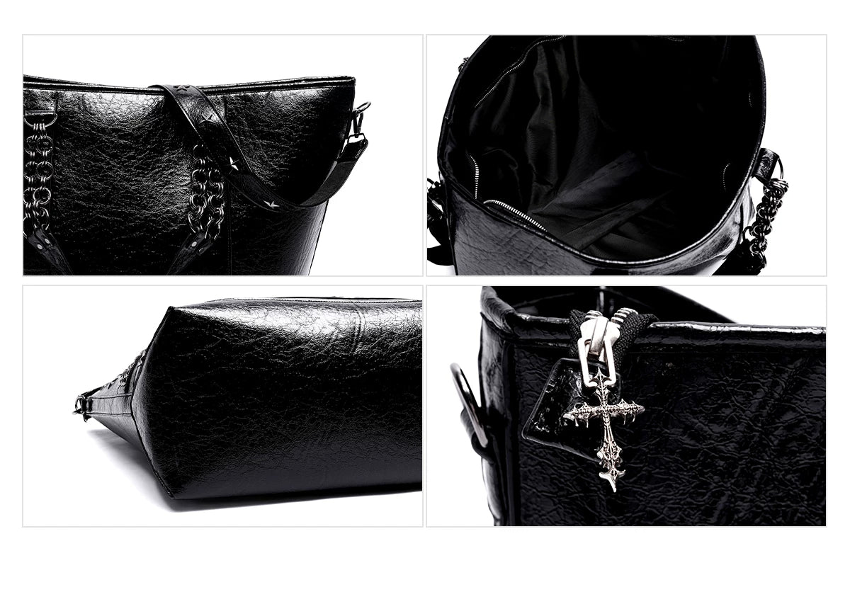 SEE Studded American Flag Oversized Tote Bag - back, lining, base and zipper details