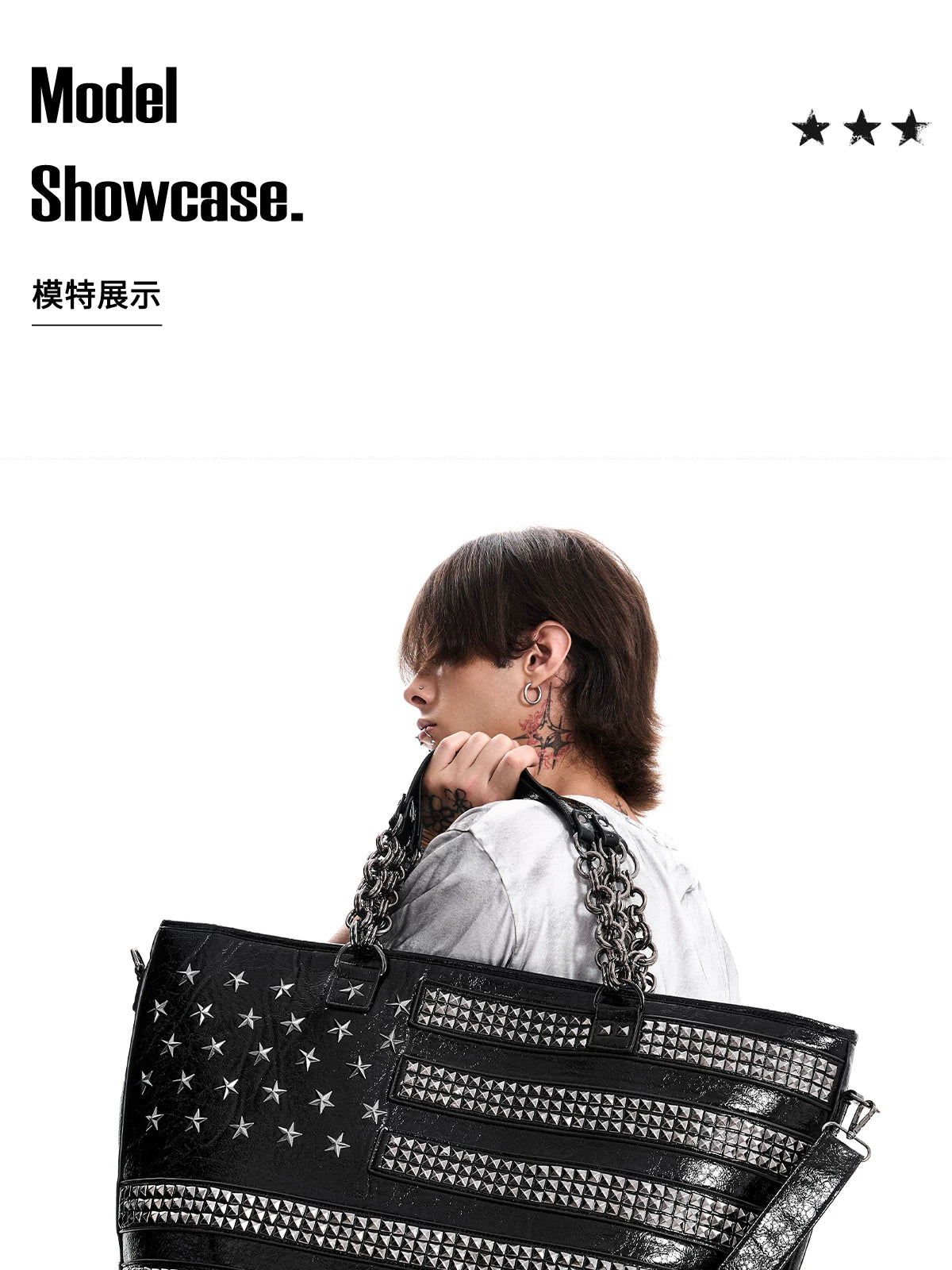 SEE Studded American Flag Oversized Tote Bag - on model with chain handles