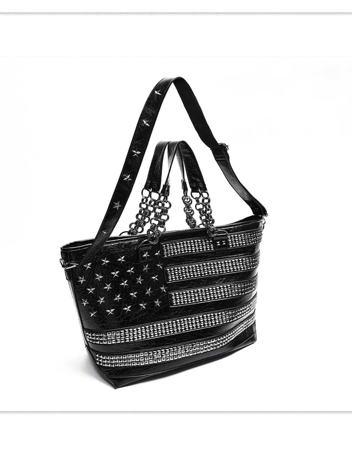 SEE Studded American Flag Oversized Tote Bag - adjustable strap and back view