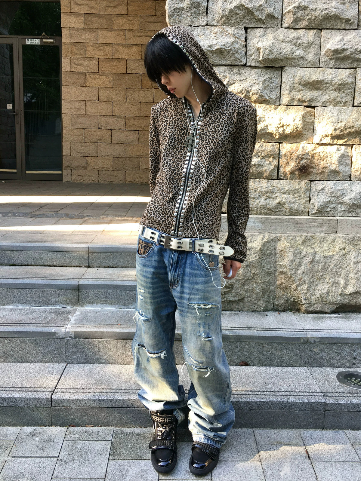 Leopard Studded Rhinestone SWAG Zip-Up Hoodie - Leopard front outfit