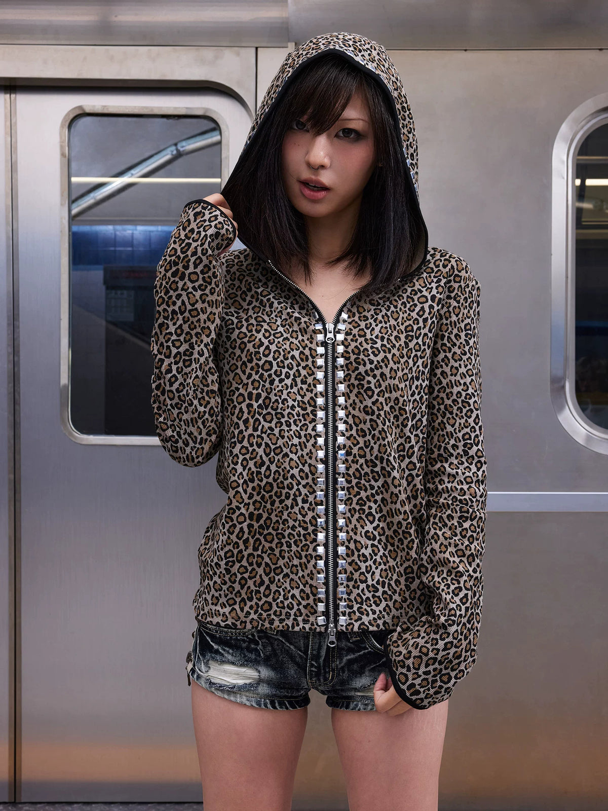 Leopard Studded Rhinestone SWAG Zip-Up Hoodie - Leopard hood up front