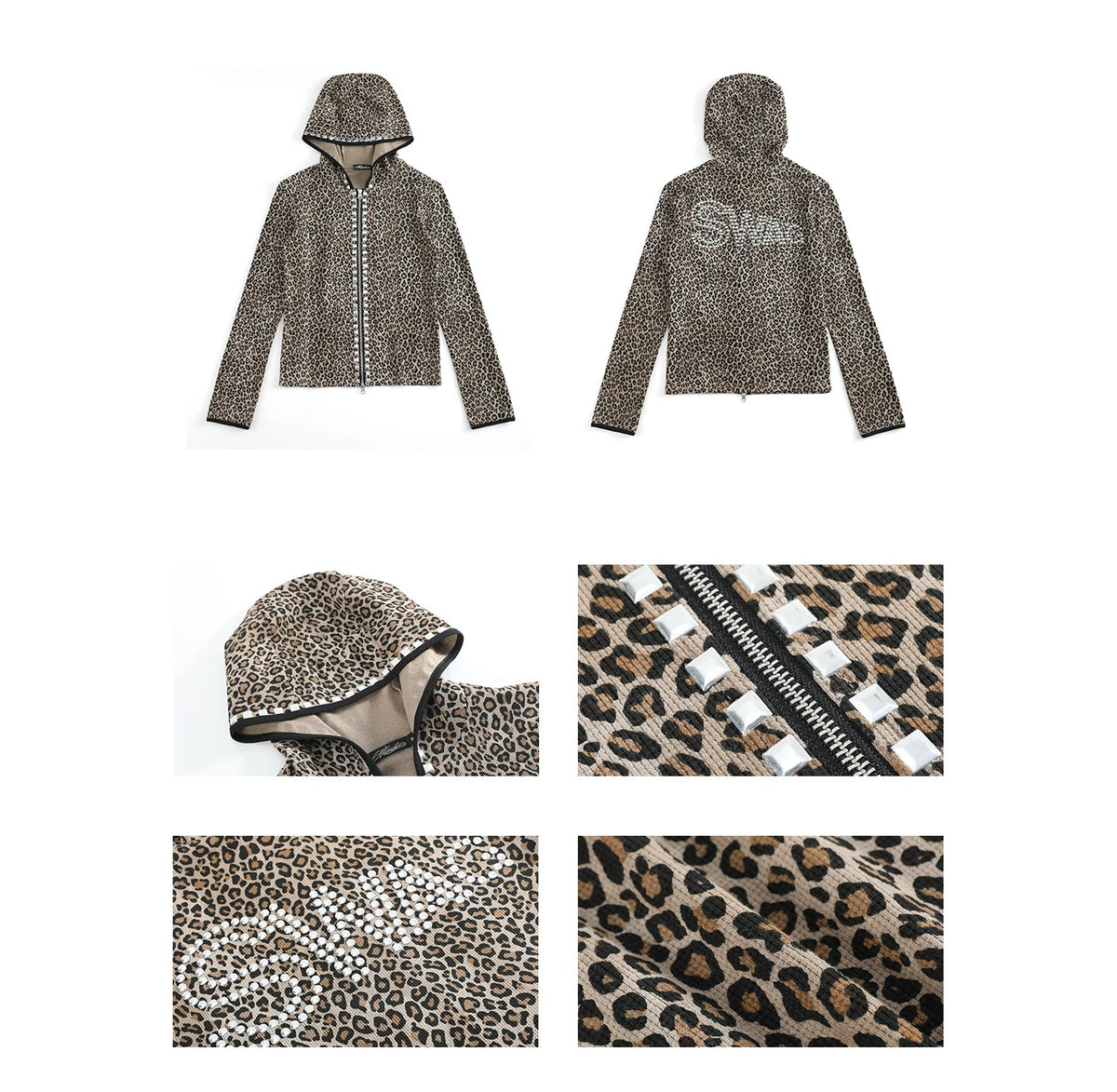 Leopard Studded Rhinestone SWAG Zip-Up Hoodie - Leopard flat lay front and back with details