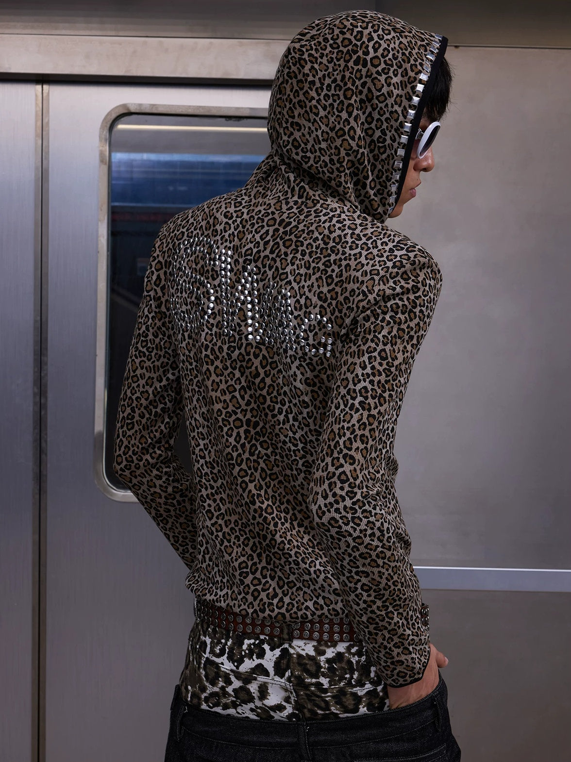 Leopard Studded Rhinestone SWAG Zip-Up Hoodie - Leopard back hood detail