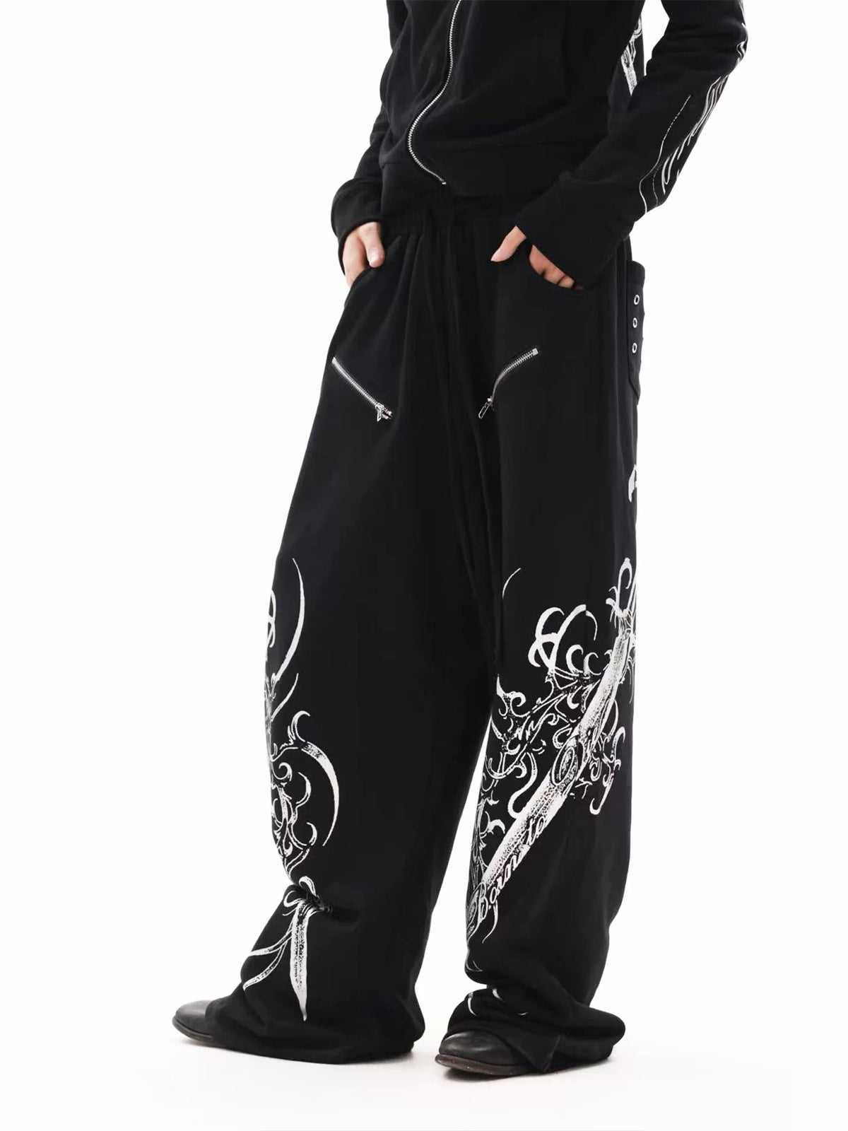 DETW Gothic Sword Print Wide-Leg Sweatpants - Black view 1