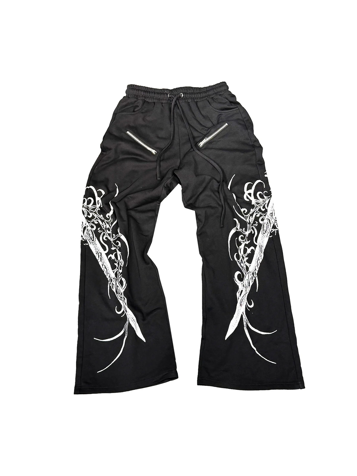 DETW Gothic Sword Print Wide-Leg Sweatpants - Black flat lay