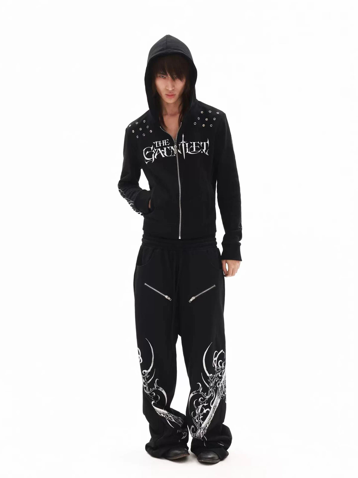 DETW Gothic Sword Print Wide-Leg Sweatpants - Black view 3