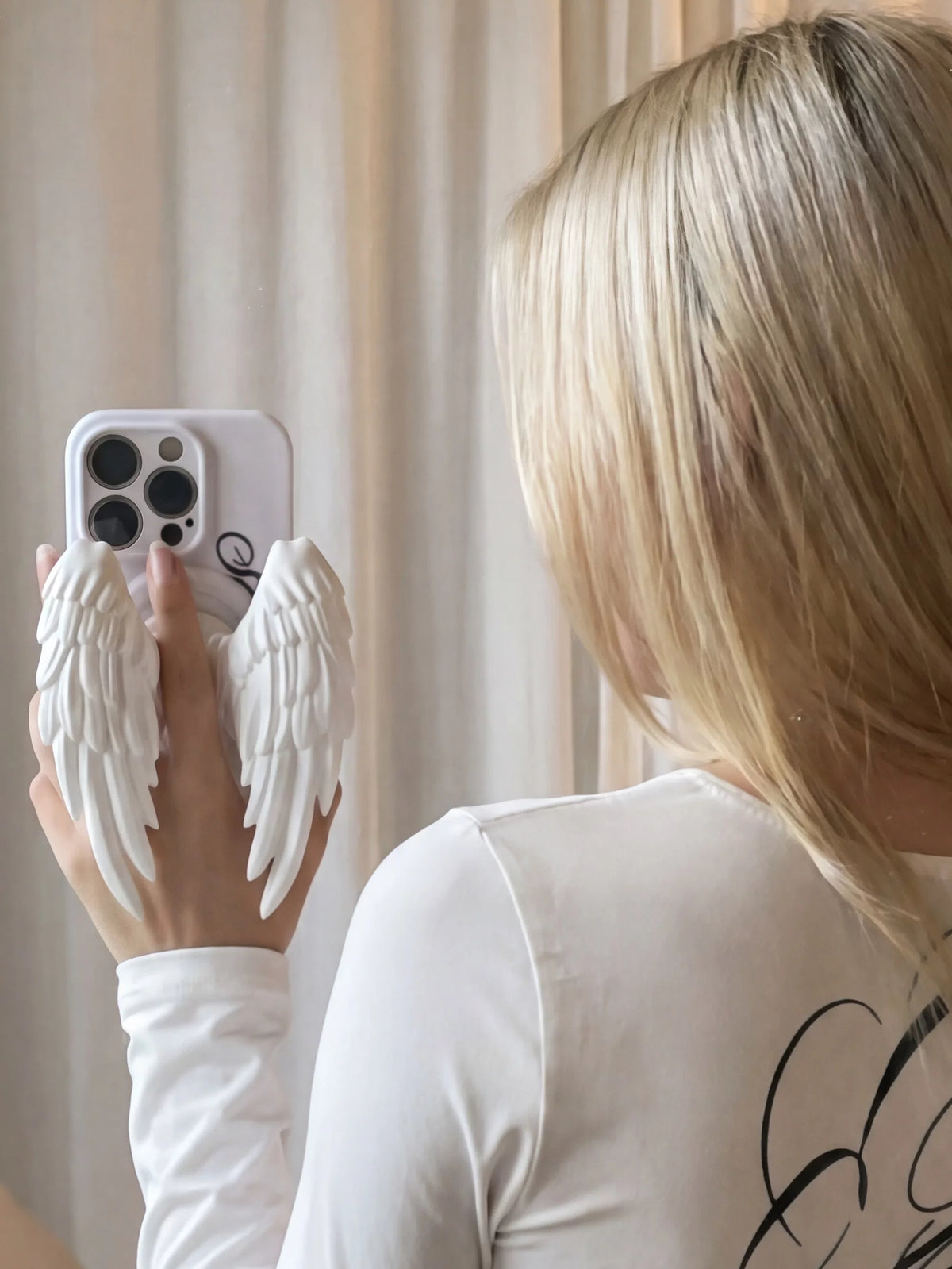 Moire Rave Angel Wing Magnetic MagSafe Phone Grip - white wings from side; phone not included