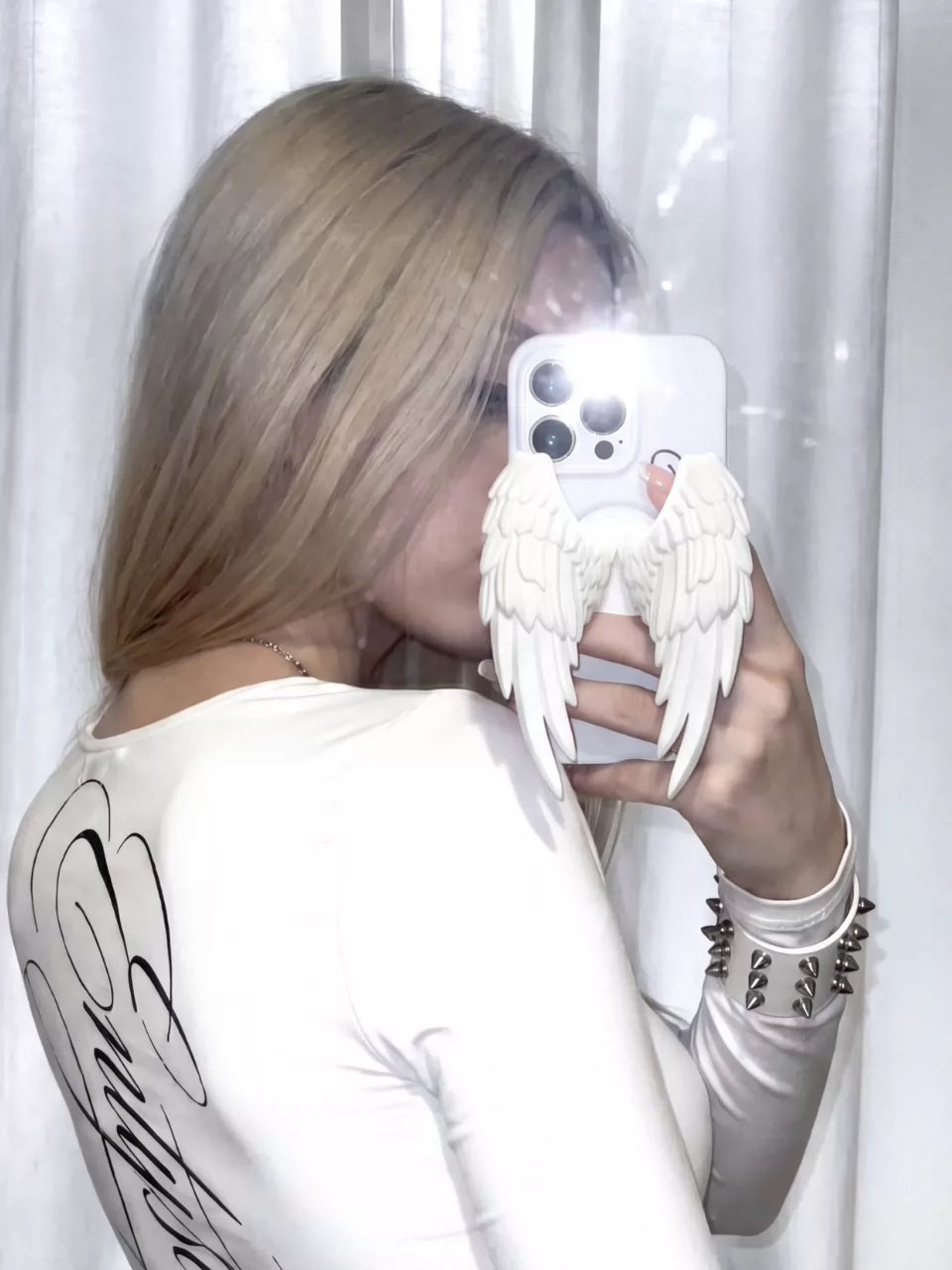 Moire Rave Angel Wing Magnetic MagSafe Phone Grip - white wings styled on phone; phone not included