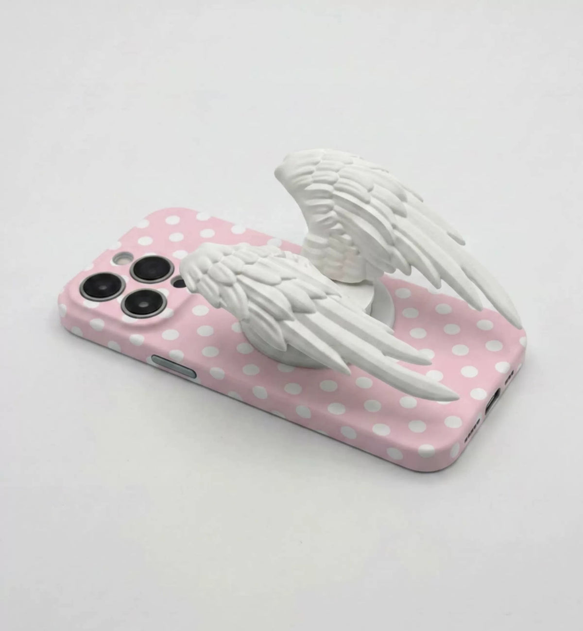 Moire Rave Angel Wing Magnetic MagSafe Phone Grip - white wings styled on pink case; case not included