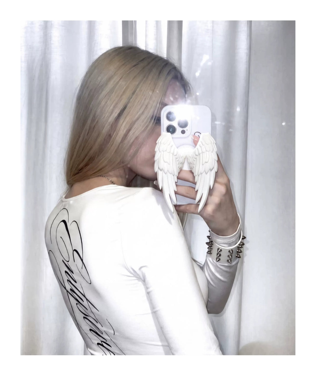 Moire Rave Angel Wing Magnetic MagSafe Phone Grip - white grip lifestyle view; phone not included
