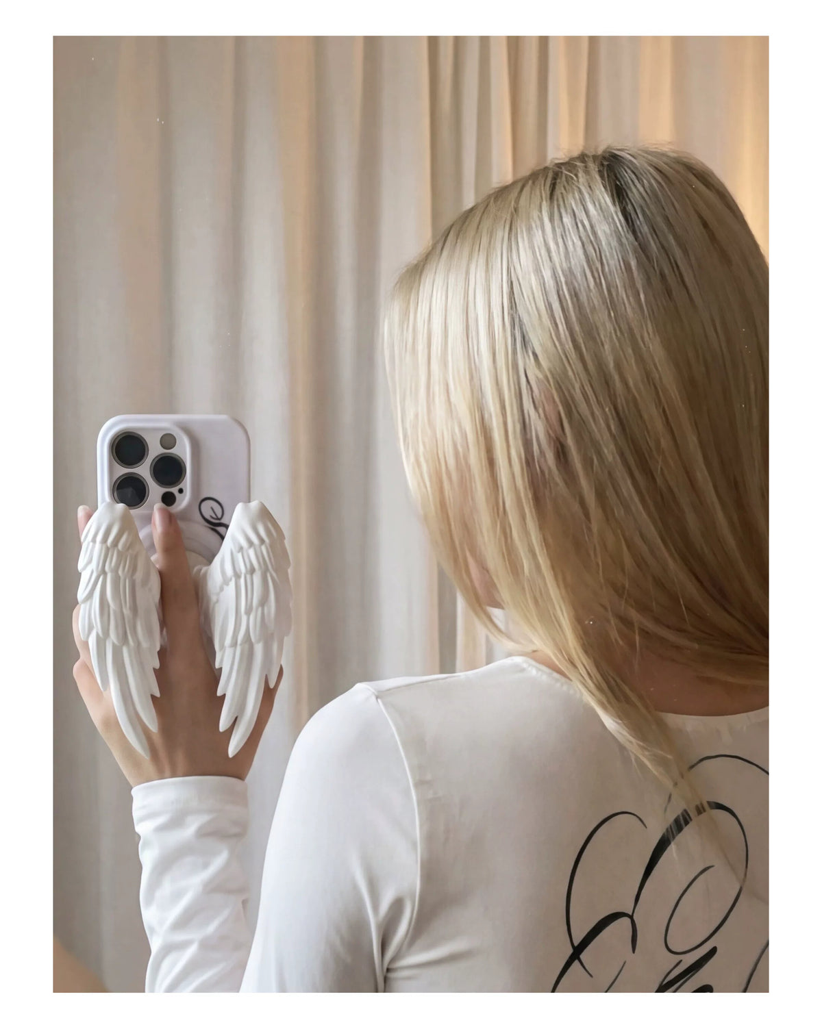 Moire Rave Angel Wing Magnetic MagSafe Phone Grip - white wing side view; phone not included