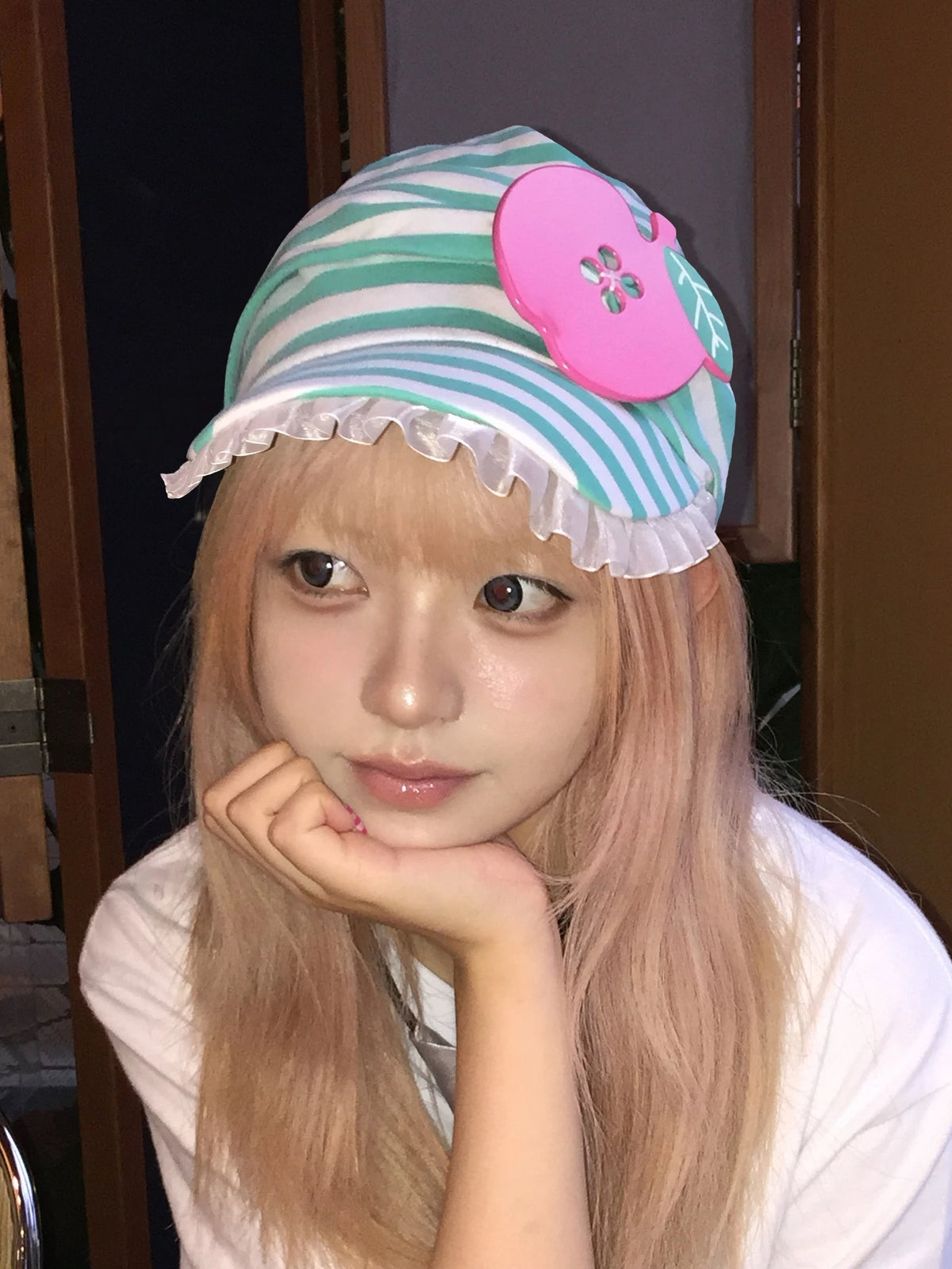 SANB Tulle Apple Stripe Cotton Cap - close front on model