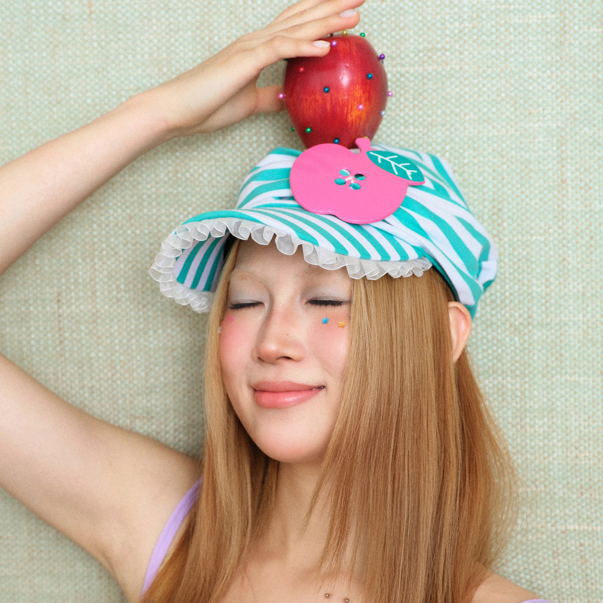 SANB Tulle Apple Stripe Cotton Cap - pink apple accent on model
